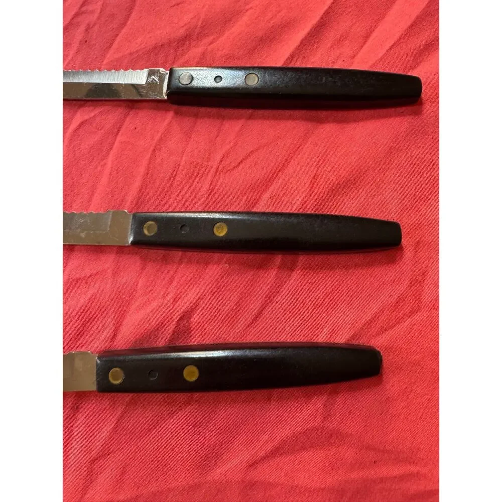 Vintage Forgecraft USA Steak Knives Set of 3 Serrated Black Bakelite 8-3/4